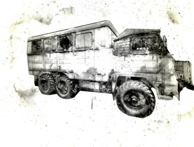 Zırhlı Araç Teknik Askeri Kamyon Sanat Çizimi