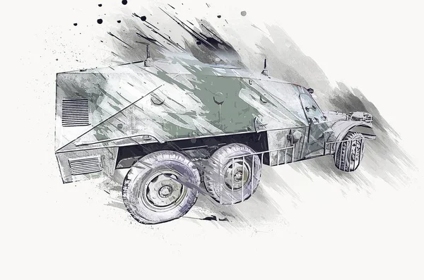 Pansarfordon Teknisk Militär Lastbil Konst Illustration Isolerad Skiss — Stockfoto