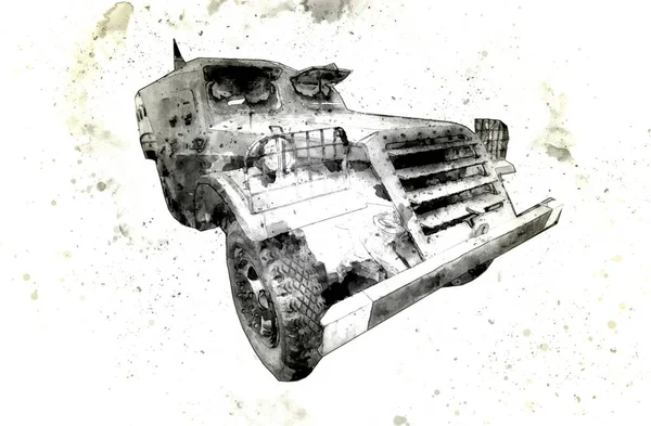 Páncélozott Jármű Műszaki Katonai Teherautó Művészet Illusztráció Elszigetelt Vázlat — Stock Fotó