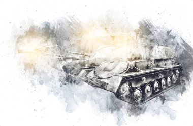 Vintage tank izole çizim sanat illüstrasyonu