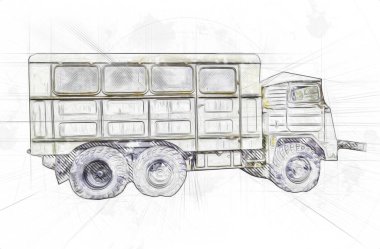Zırhlı Araç Teknik Askeri Kamyon Sanat Çizimi