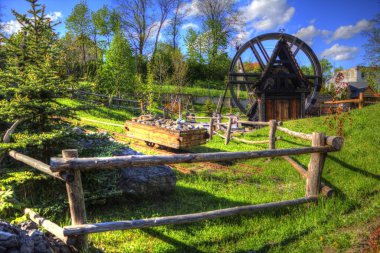 Ortaçağ maden yerleşiminde altın durulama yalakları, ortaçağ tarihi sanat illüstrasyonları antika eskizler