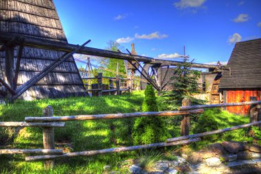 Ortaçağ maden yerleşiminde altın durulama yalakları, ortaçağ tarihi sanat illüstrasyonları antika eskizler