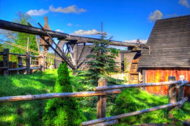 Ortaçağ maden yerleşiminde altın durulama yalakları, ortaçağ tarihi sanat illüstrasyonları antika eskizler