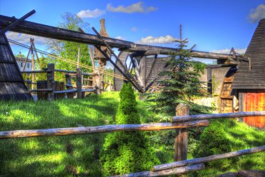 Ortaçağ maden yerleşiminde altın durulama yalakları, ortaçağ tarihi sanat illüstrasyonları antika eskizler