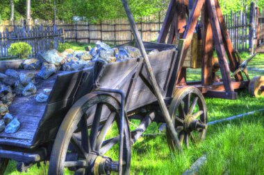 Tipik tarihi ahşap araba çayırda, ortaçağ tarihi sanat illüstrasyonları antika eskizler