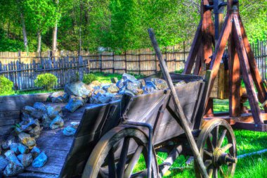 Tipik tarihi ahşap araba çayırda, ortaçağ tarihi sanat illüstrasyonları antika eskizler