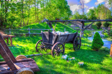 Tipik tarihi ahşap araba çayırda, ortaçağ tarihi sanat illüstrasyonları antika eskizler