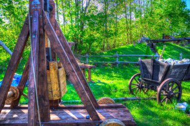 Tipik tarihi ahşap araba çayırda, ortaçağ tarihi sanat illüstrasyonları antika eskizler