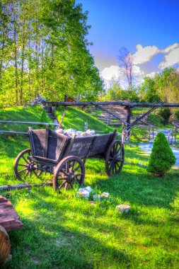 Tipik tarihi ahşap araba çayırda, ortaçağ tarihi sanat illüstrasyonları antika eskizler