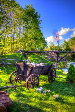 Tipik tarihi ahşap araba çayırda, ortaçağ tarihi sanat illüstrasyonları antika eskizler