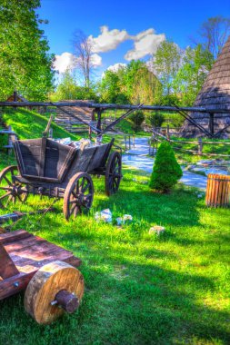Tipik tarihi ahşap araba çayırda, ortaçağ tarihi sanat illüstrasyonları antika eskizler