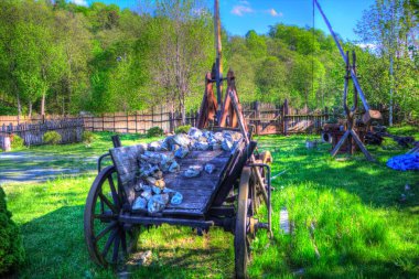 Tipik tarihi ahşap araba çayırda, ortaçağ tarihi sanat illüstrasyonları antika eskizler