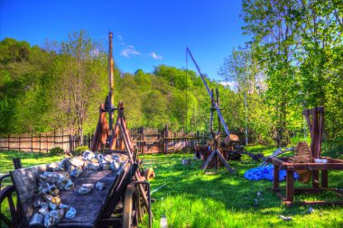 Tipik tarihi ahşap araba çayırda, ortaçağ tarihi sanat illüstrasyonları antika eskizler