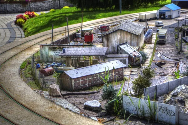 Vista Aérea Pátio Reciclagem Com Caminhões Contêineres Ilustração Arte Retro — Fotografia de Stock