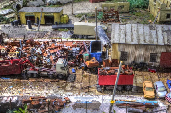 Vista Aérea Patio Reciclaje Con Camiones Contenedores Ilustración Arte Retro —  Fotos de Stock