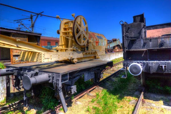 Guindaste Ferroviário Fotografia Enferrujado Vagão Trem Arte Ilustração Puxando Esboço — Fotografia de Stock