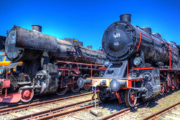 Diferentes Tipos Locomotoras Antiguas Tren Fotografía Oxidado Vagón Arte Ilustración —  Fotos de Stock