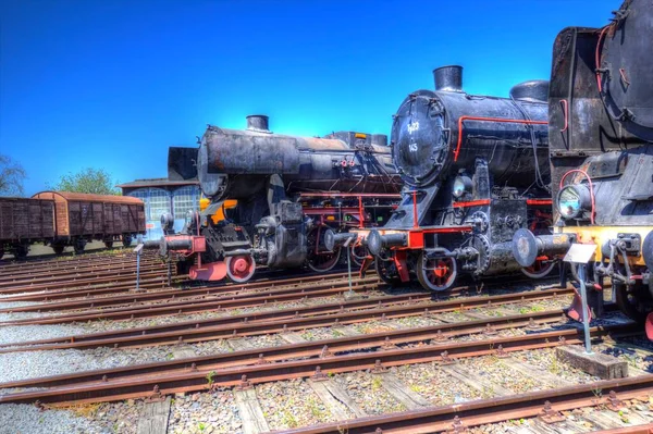 Diferentes Tipos Locomotoras Antiguas Tren Fotografía Oxidado Vagón Arte Ilustración —  Fotos de Stock