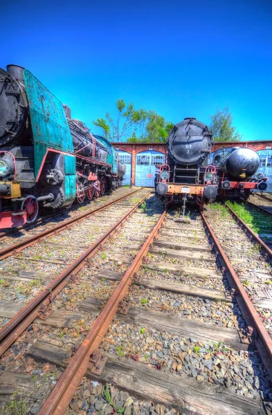 Tipo Diferente Locomotivas Velhas Trem Fotografia Enferrujado Vagão Arte Ilustração — Fotografia de Stock