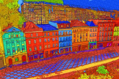 Klodzko şehir merkezi, hava kalesi sanat illüstrasyonundan antika eskiz.