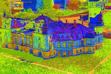 Bokw 'daki sarayın panoraması hava manzaralı sanat illüstrasyonu antika eskiz.