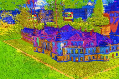 Bokw 'daki sarayın panoraması hava manzaralı sanat illüstrasyonu antika eskiz.