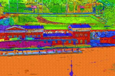 Platformda treni ve lokomotifi olan eski tren istasyonu kalkışı bekliyor. Akşam güneşleri dumanlı kemerlerle ışıldıyor, sanat illüstrasyonu antika ske