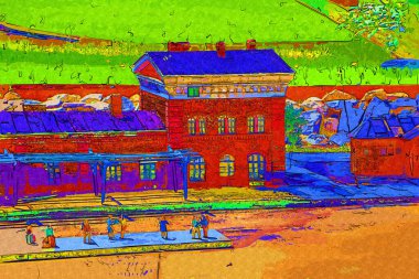 Platformda treni ve lokomotifi olan eski tren istasyonu kalkışı bekliyor. Akşam güneşleri dumanlı kemerlerle ışıldıyor, sanat illüstrasyonu antika ske