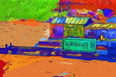 Platformda treni ve lokomotifi olan eski tren istasyonu kalkışı bekliyor. Akşam güneşleri dumanlı kemerlerle ışıldıyor, sanat illüstrasyonu antika ske