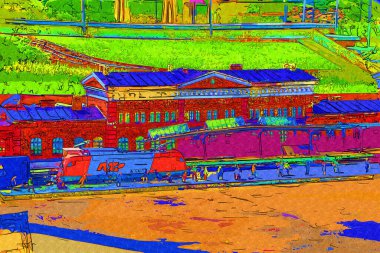 Platformda treni ve lokomotifi olan eski tren istasyonu kalkışı bekliyor. Akşam güneşleri dumanlı kemerlerle ışıldıyor, sanat illüstrasyonu antika ske