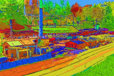 Platformda treni ve lokomotifi olan eski tren istasyonu kalkışı bekliyor. Akşam güneşleri dumanlı kemerlerle ışıldıyor, sanat illüstrasyonu antika ske