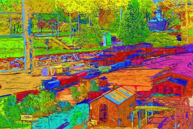 Platformda treni ve lokomotifi olan eski tren istasyonu kalkışı bekliyor. Akşam güneşleri dumanlı kemerlerle ışıldıyor, sanat illüstrasyonu antika ske