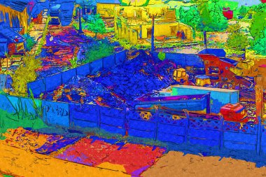 Kamyon ve konteynırlarla dolu bir geri dönüşüm alanının havadan görüntüsü antika eskiz sanatı.