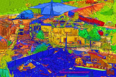 Kamyon ve konteynırlarla dolu bir geri dönüşüm alanının havadan görüntüsü antika eskiz sanatı.