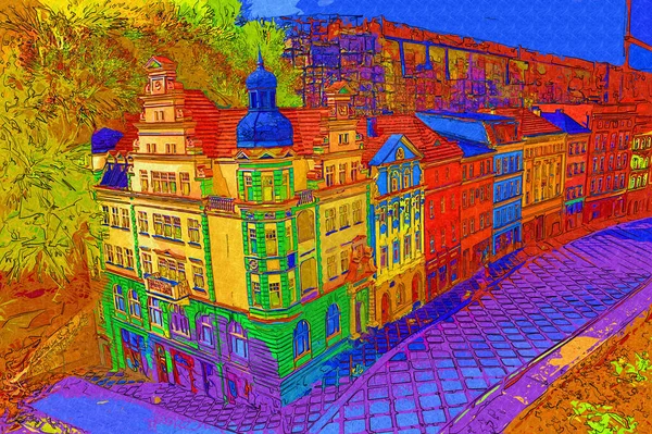 Klodzko Stad Stad Van Lucht Fort Kunst Illustratie Retro Vintage — Stockfoto