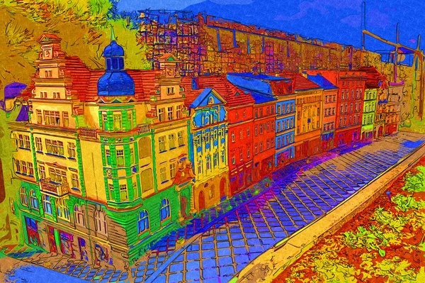 Klodzko Stad Stad Van Lucht Fort Kunst Illustratie Retro Vintage — Stockfoto