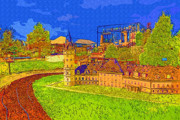 보쿠에 궁전의 파노라마 Panorama 풍경의 빈티지 골동품 스케치 — 스톡 사진