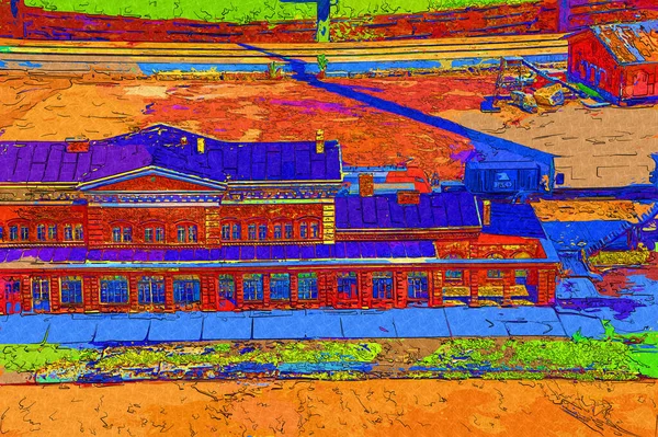 Platformda treni ve lokomotifi olan eski tren istasyonu kalkışı bekliyor. Akşam güneşleri dumanlı kemerlerle ışıldıyor, sanat illüstrasyonu antika ske