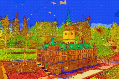 Açık havada belediye binası. Klodzko, Polonya, Sanat illüstrasyonu antika eskiz