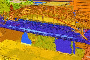 Wrocaw, zwierzyniecki köprüsü, Wrocaw nehri, Polonya, sanat illüstrasyonu antika eskiz