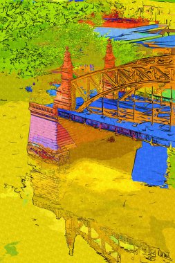 Wrocaw, zwierzyniecki köprüsü, Wrocaw nehri, Polonya, sanat illüstrasyonu antika eskiz