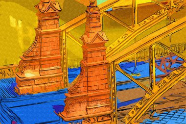 Wrocaw, zwierzyniecki köprüsü, Wrocaw nehri, Polonya, sanat illüstrasyonu antika eskiz