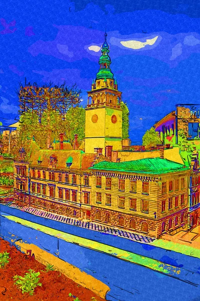 City Hall Clear Day Klodzko Poland Art Illustration Retro Vintage — Stock Photo, Image