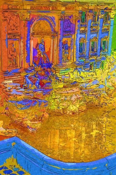 ローマのトレヴィの泉 イタリア アートイラストレトロヴィンテージアンティークスケッチ — ストック写真