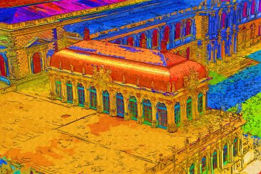 Zwinger Sarayı, sanat galerisi ve müzesi Dresden, Almanya 'da, sanat illüstrasyonu antika eskiz