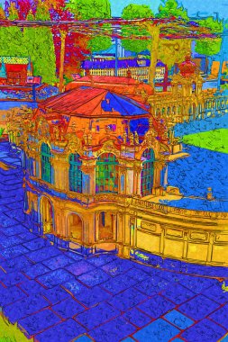 Zwinger Sarayı, sanat galerisi ve müzesi Dresden, Almanya 'da, sanat illüstrasyonu antika eskiz