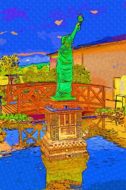 Manhattan, Mimarlık ve Turizm Konsepti 'nin aşağısında yer alan New York şehir manzaralı nehir kenarındaki Özgürlük Anıtı.