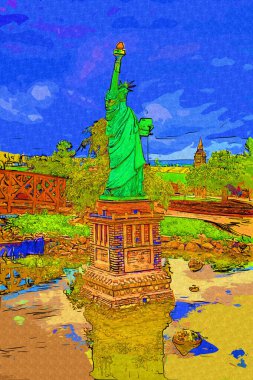 Manhattan, Mimarlık ve Turizm Konsepti 'nin aşağısında yer alan New York şehir manzaralı nehir kenarındaki Özgürlük Anıtı.