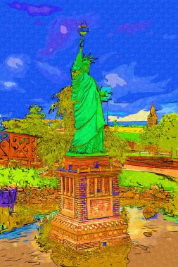 Manhattan, Mimarlık ve Turizm Konsepti 'nin aşağısında yer alan New York şehir manzaralı nehir kenarındaki Özgürlük Anıtı.